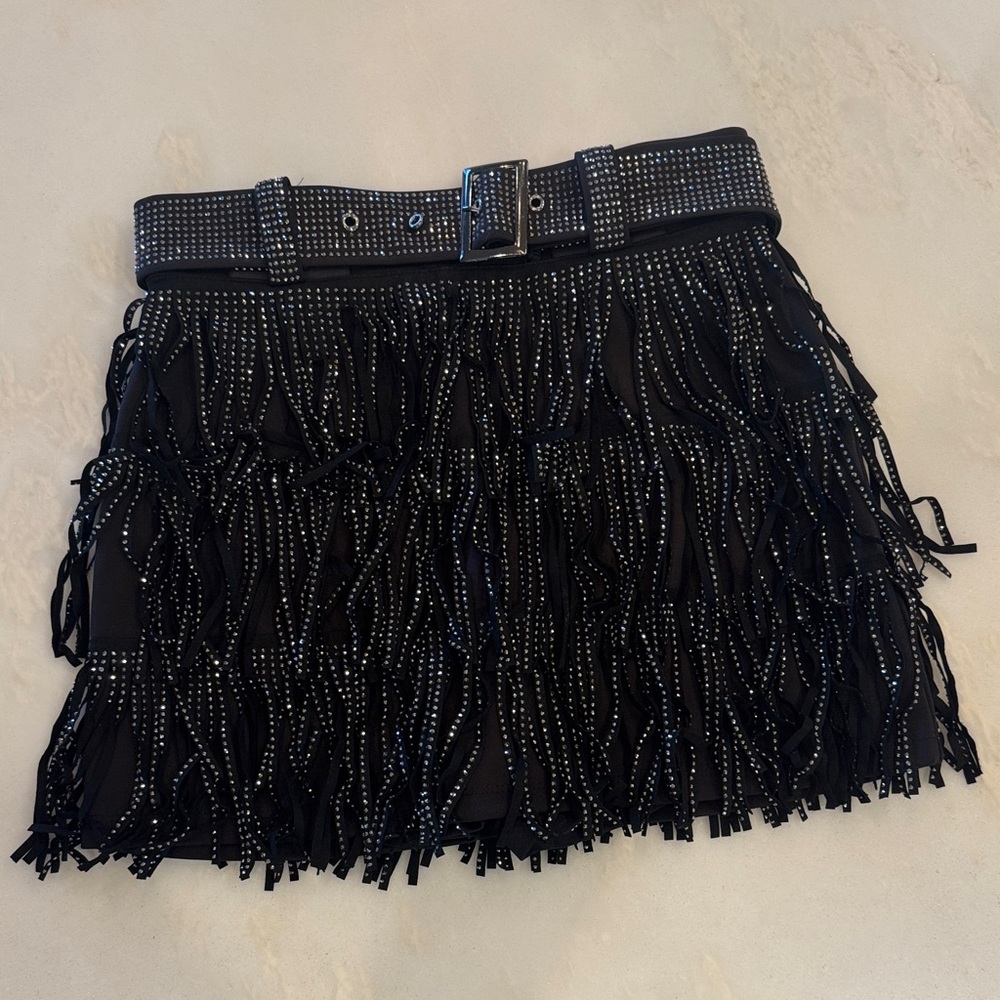 Blushing Brunette Black Fringe Skirt with Rhinestone Accents